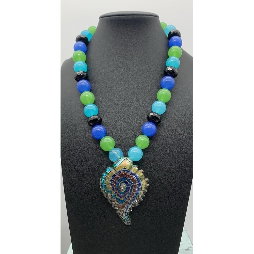 Vintage Handmade Stunning Art Glass Pendant And Chunky Glass Beaded Necklace 16"